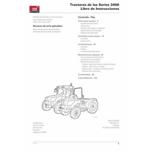 Massey Ferguson 3425, 3435, 3445, 3455 tractor pdf operator's manual ES - Massey Ferguson manuals - MF-1857484M1-OM-ES