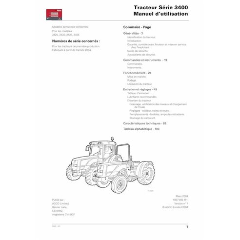 Manuel de l'opérateur pour tracteur Massey Ferguson 3425, 3435, 3445, 3455 pdf FR - Massey-Ferguson manuels - MF-1857483M1-OM-FR