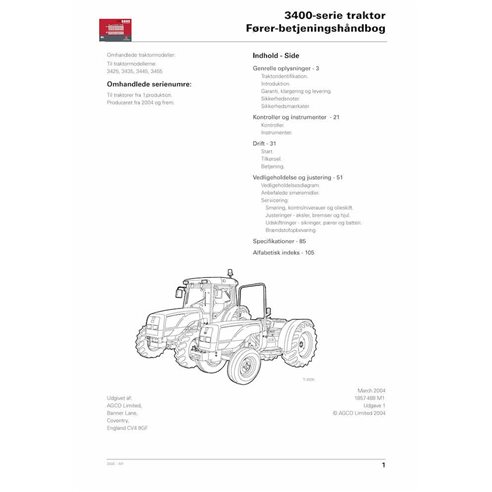 Massey Ferguson 3425, 3435, 3445, 3455 trator manual do operador em pdf DA - Massey Ferguson manuais - MF-1857488M1-OM-DA