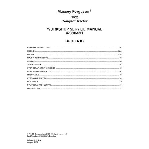 Manuel d'entretien d'atelier pdf pour tracteur compact Massey Ferguson 1523 - Massey-Ferguson manuels - MF-4283068M1-WSM-EN