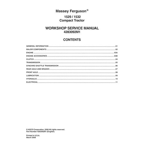 Manual de serviço de oficina em pdf do trator compacto Massey Ferguson 1529, 1532 - Massey Ferguson manuais - MF-4283092M1-WS...
