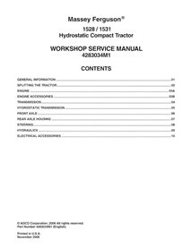 Manuel d'entretien d'atelier pdf pour tracteur compact Massey Ferguson 1528, 1531 - Massey-Ferguson manuels - MF-4283034M1-WS...