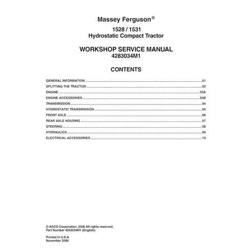Massey Ferguson 1528, 1531 compact tractor pdf workshop service manual  - Massey Ferguson manuals - MF-4283034M1-WSM-EN