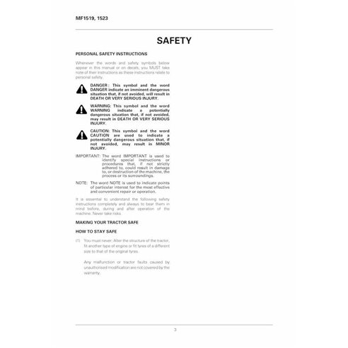 Manual do operador em pdf do trator compacto Massey Ferguson 1519, 1523 - Massey Ferguson manuais - MF-1857611M1-OM-EN