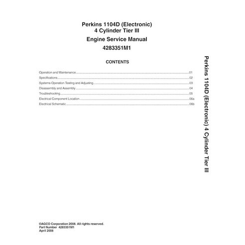 Manual de serviço em pdf do motor Perkins 1104D (eletrônico) 4 cilindros Tier III - Perkins manuais - AGCO-4283351M1-SM-EN