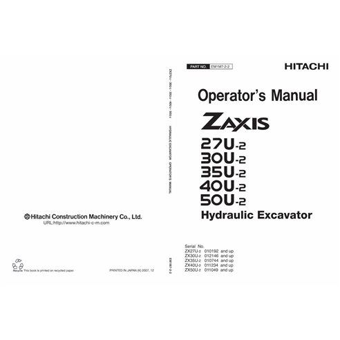 Manual do operador em pdf da escavadeira hidráulica Hitachi ZX27U-2, ZX30U-2, ZX35U-2, ZX40U-2, ZX50U-2 - Hitachi manuais - H...