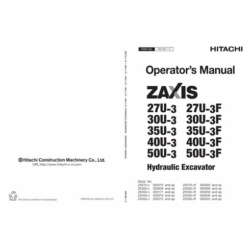 Hitachi 27U-3, 30U-3, 35U-3, 40U-3, 50U-3, SN 20171 and up. hydraulic excavator pdf operator's manual  - Hitachi manuals - HI...