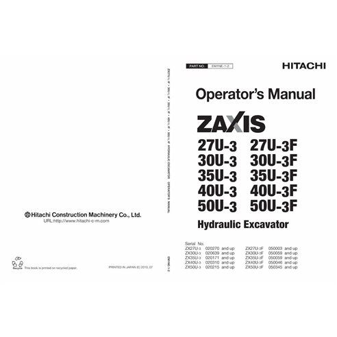 HITACHI-EM1NE12 Hitachi 27U-3, 30U-3, 35U-3, 40U-3, 50U-3, SN 20171 et plus. manuel de l'opérateur pdf pour pelle hydraulique