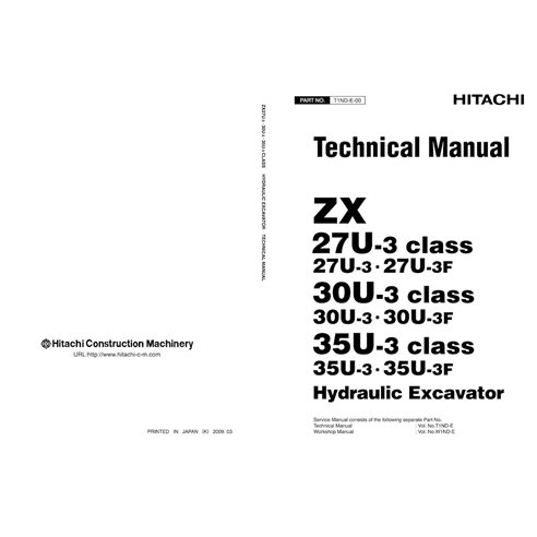 Manual técnico em pdf da escavadeira hidráulica Hitachi ZX27U-3, ZX30U-3, ZX35U-3 - Hitachi manuais - HITACHI-T1ND-E-00