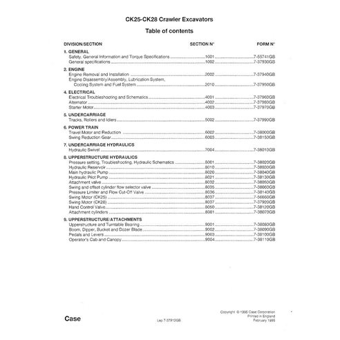 Manuel d'entretien pdf pour excavatrice Case CK25, CK28 - Case manuels - CASE-7-37902-SM-EN