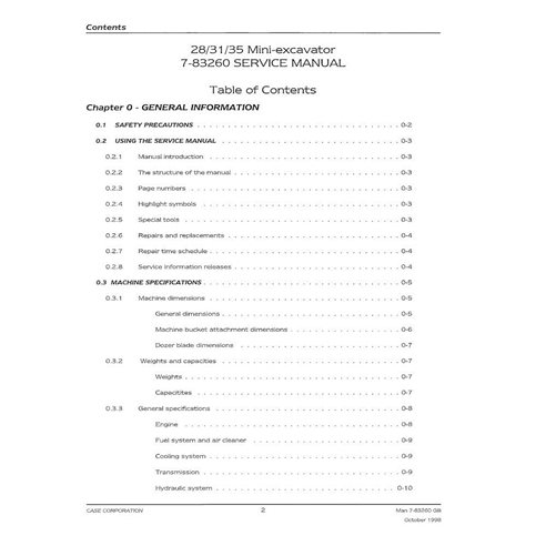Manuel d'entretien pdf pour mini-pelle Case 28, 31, 35 - Case manuels - CASE-7-83260-SM-EN