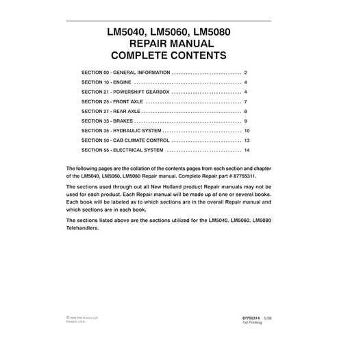 New Holland LM5040, LM5060, LM5080 telescopic handler pdf repair manual  - New Holland Construction manuals - NH-87755314-RM-EN