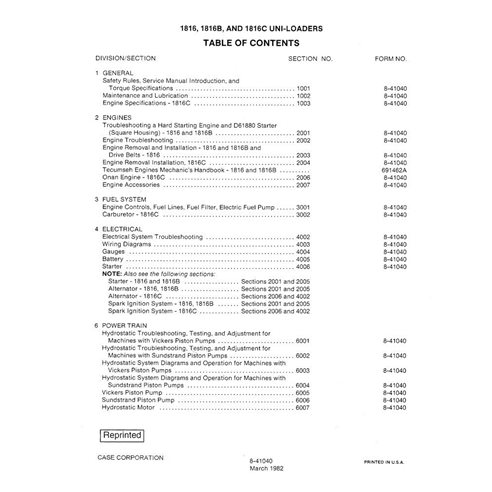 Manuel d'entretien pdf pour chargeuses compactes Case 1816, 1816B, 1816C - Case manuels - CASE-8-41040-SM-EN