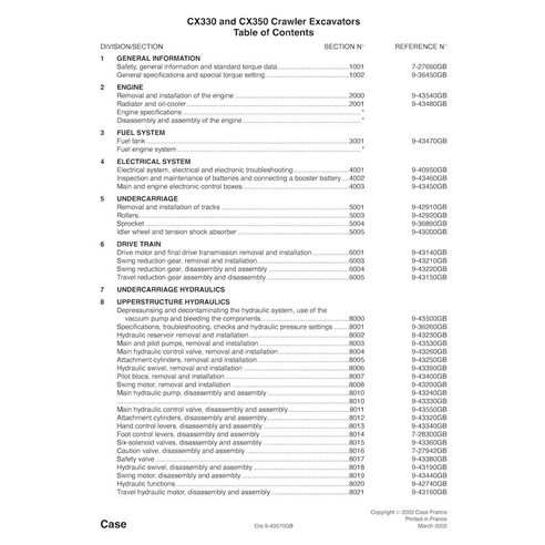 Manuel d'entretien pdf pour excavatrice Case CX330, CX350 - Case manuels - CASE-9-42890-SM-EN