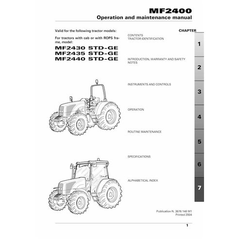 Manual de operação e manutenção do trator Massey Ferguson 2430, 2435, 2440 STD GE em pdf - Massey Ferguson manuais - MF-36761...