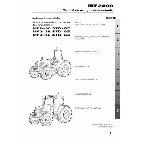 Manuel d'utilisation et d'entretien du tracteur Massey Ferguson 2430, 2435, 2440 STD GE pdf ES - Massey-Ferguson manuels - MF...