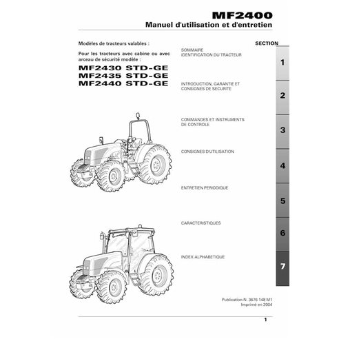 Tracteur Massey Ferguson 2430, 2435, 2440 STD GE pdf manuel d'utilisation et d'entretien FR - Massey-Ferguson manuels - MF-36...