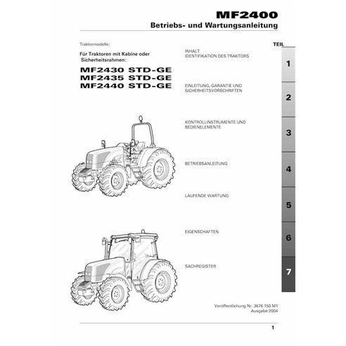 Manual de operação e manutenção do trator Massey Ferguson 2430, 2435, 2440 STD GE pdf DE - Massey Ferguson manuais - MF-36761...