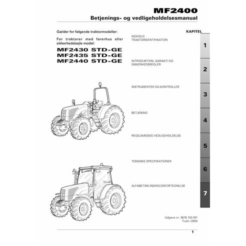 Manuel d'utilisation et d'entretien du tracteur Massey Ferguson 2430, 2435, 2440 STD GE pdf DA - Massey-Ferguson manuels - MF...