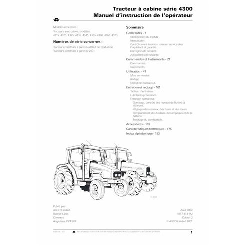 Manuel de l'opérateur pour tracteur Massey Ferguson 4315, 4320, 4325, 4335, 4345, 4355, 4360, 4365, 4370 pdf FR - Massey-Ferg...