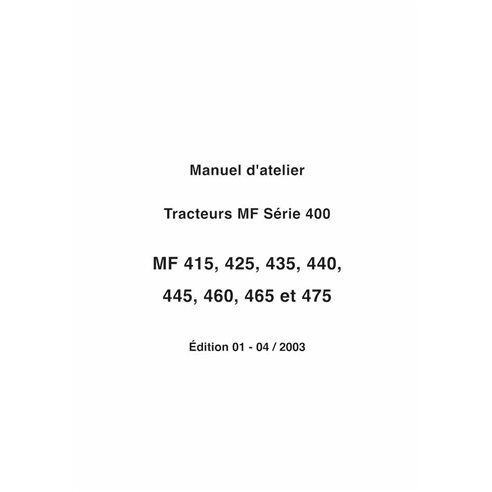 Massey Ferguson 415, 425, 435, 440, 445, 460, 465, 475 trator pdf manual de serviço de oficina FR - Massey Ferguson manuais -...