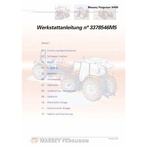Massey Ferguson 5425, 5435, 5445, 5455, 5460, 5465, 5470, 5475, 5480 tracteur pdf manuel d'entretien d'atelier DE - Massey-Fe...