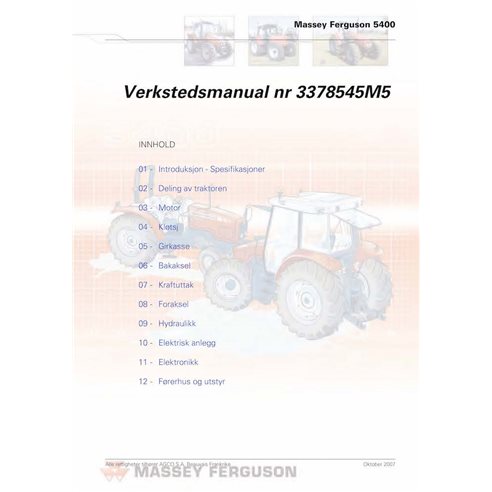 Massey Ferguson 5425, 5435, 5445, 5455, 5460, 5465, 5470, 5475, 5480 tracteur pdf manuel d'entretien d'atelier NON - Massey-F...