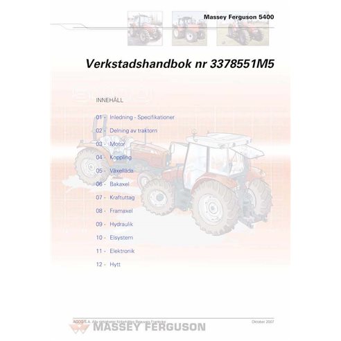 Massey Ferguson 5425, 5435, 5445, 5455, 5460, 5465, 5470, 5475, 5480 tracteur pdf manuel d'entretien d'atelier SV - Massey-Fe...
