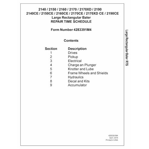 Calendario de reparación en PDF de empacadoras Massey Ferguson 2140, 2150, 2160, 2170, 2170XD y 2190 - Massey Ferguson manual...