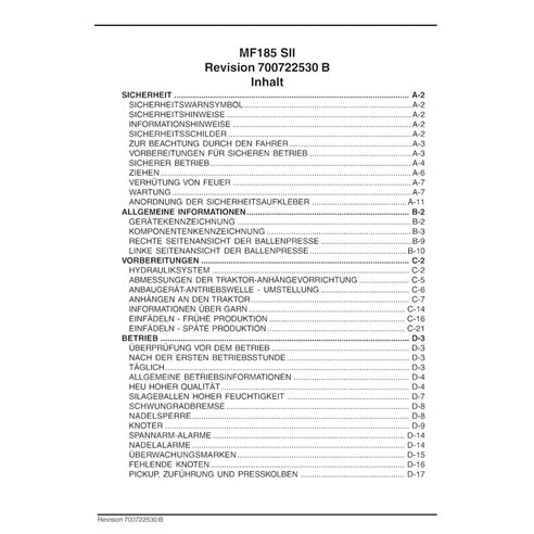Manual do operador em pdf da enfardadeira Massey Ferguson 185 DE - Massey Ferguson manuais - MF-700722530B-OM-DE