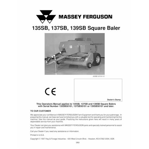 Manual del operador en pdf de la empacadora Massey Ferguson 135SB, 137SB, 139SB - Massey Ferguson manuales - MF-700716775B-OM-EN
