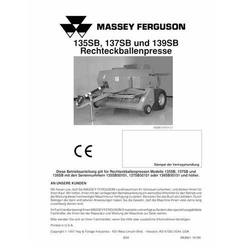 Manuel d'utilisation pdf de la presse à balles Massey Ferguson 135SB, 137SB, 139SB DE - Massey-Ferguson manuels - MF-70071678...