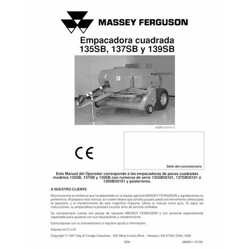 Massey Ferguson 135SB, 137SB, 139SB baler pdf operator's manual ES - Massey Ferguson manuals - MF-700716782B-OM-ES