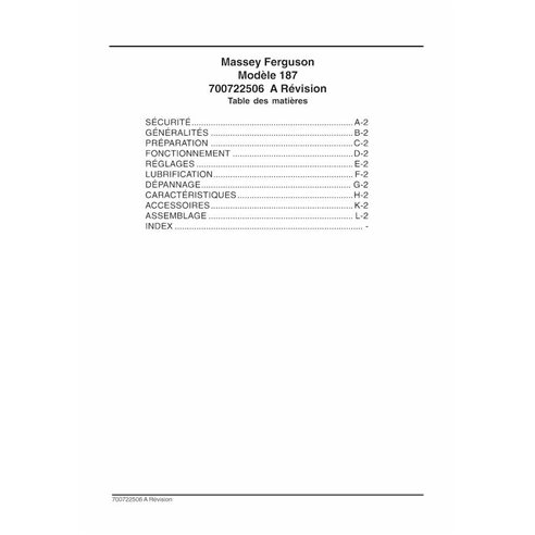 Manual do operador em pdf da enfardadeira Massey Ferguson 187 FR - Massey Ferguson manuais - MF-700722506A-OM-FR