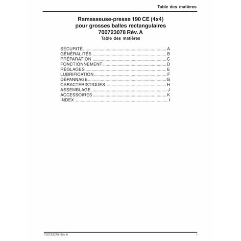 Manual do operador em pdf da enfardadeira Massey Ferguson 190 FR - Massey Ferguson manuais - MF-700723078-OM-FR