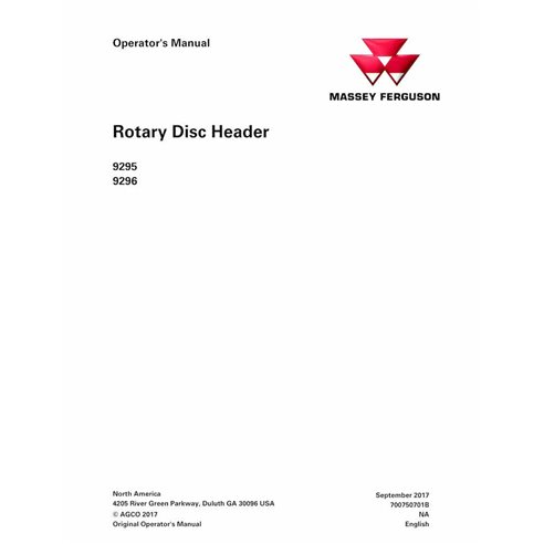 Massey Ferguson 9295, 9296 cabeçalho de disco rotativo pdf manual do operador - Massey Ferguson manuais - MF-700750701B-OM-EN