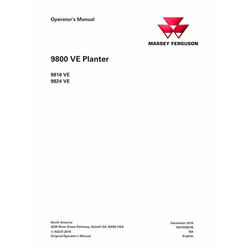 Manual do operador da plantadeira Massey Ferguson 9816 VE, 9824 VE em pdf - Massey Ferguson manuais - MF-700745957B-OM-EN