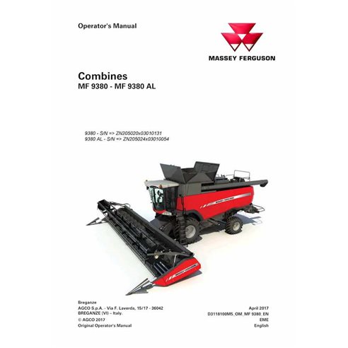 Massey Ferguson 9380, 9380 AL cosechadora manual del operador en pdf - Massey Ferguson manuales - MF-D3118100M5-OM-EN