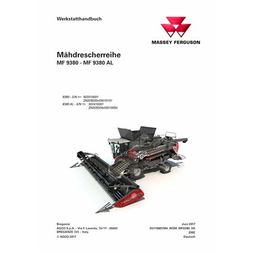 Massey Ferguson 9380, 9380 AL cosechadora pdf manual de servicio de taller DE - Massey Ferguson manuales - MF-D3118801M4-WSM-DE