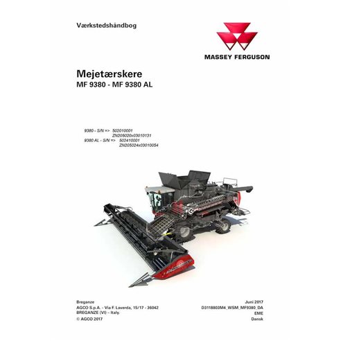 Massey Ferguson 9380, 9380 AL combine pdf workshop service manual DA - Massey Ferguson manuals - MF-D3118803M4-WSM-DA