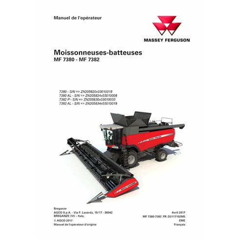 Massey Ferguson 7380, 7380 AL, 7382, 7382 AL cosechadora manual del operador en pdf FR - Massey Ferguson manuales - MF-D31171...