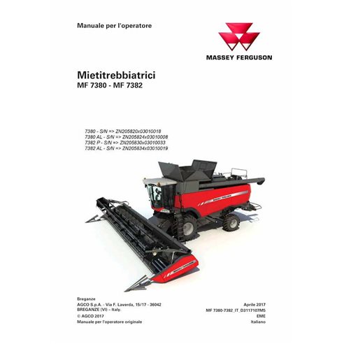 Massey Ferguson 7380, 7380 AL, 7382, 7382 AL cosechadora manual del operador en pdf IT - Massey Ferguson manuales - MF-D31171...