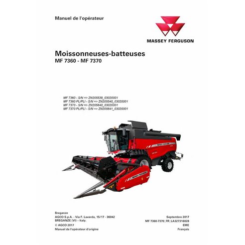 Massey Ferguson 7360, 7370 cosechadora pdf manual del operador FR - Massey Ferguson manuales - MF-LA327316028-OM-FR
