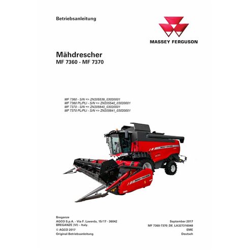 Massey Ferguson 7360, 7370 cosechadora manual del operador en pdf DE - Massey Ferguson manuales - MF-LA327316048-OM-DE