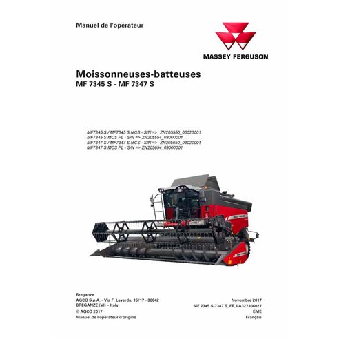Massey Ferguson 7345S, 7347S cosechadora manual del operador en pdf FR - Massey Ferguson manuales - MF-LA327306027-OM-FR