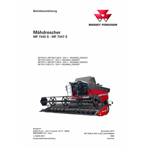 Massey Ferguson 7345S, 7347S cosechadoras manual del operador en pdf DE - Massey Ferguson manuales - MF-LA327306047-OM-DE