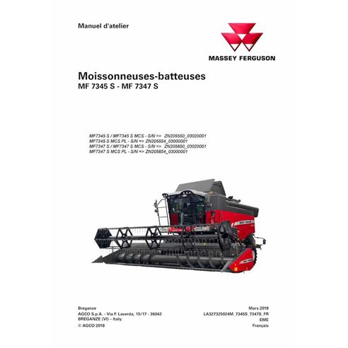 Massey Ferguson 7345S, 7347S cosechadora pdf manual de servicio de taller FR - Massey Ferguson manuales - MF-LA327325024M-WSM-FR