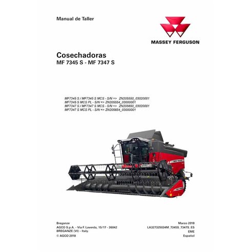 Massey Ferguson 7345S, 7347S cosechadoras pdf manual de servicio de taller ES - Massey Ferguson manuales - MF-LA327325034M-WS...