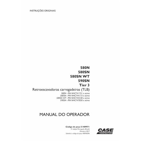 Case 580N, 580SN, 580SN WT, 590SN Tier 3 backhoe loader pdf operator's manual PT - Case manuals - CASE-51409971-OM-PT