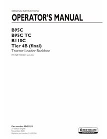 Manual del operador en pdf de la retroexcavadora New Holland B95C, B95C TC, B110C Tier 4B - New Holland Construcción manuales...